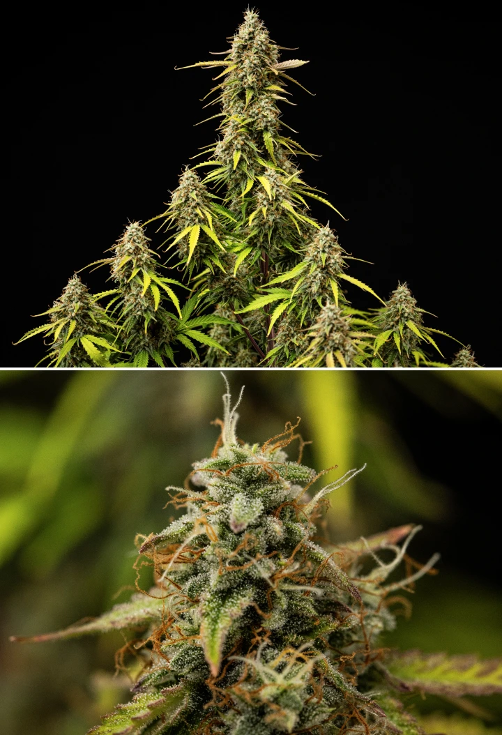 Φυτό κάνναβης Atlas F1 κατά την 9η εβδομάδα του grow report, δείχνοντας πλήρως ώριμα άνθη, πυκνή κάλυψη τριχωμάτων, πορτοκαλί ύπερους, φύλλα που ξεθωριάζουν και ώριμη ανάπτυξη ανθοφορίας.