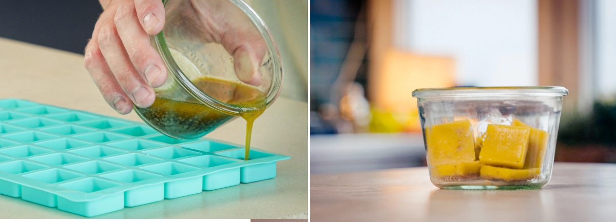 Cannabutter που χύνεται σε φόρμες σιλικόνης για μεριδοποίηση, με έτοιμους κύβους βουτύρου αποθηκευμένους σε γυάλινο δοχείο μετά τον διαχωρισμό του βουτύρου από το νερό