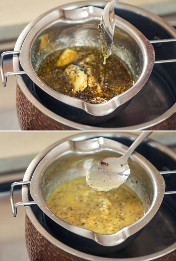 Μείγμα cannabutter που σιγοβράζει απαλά σε μπεν μαρί, με ένα κουτάλι να ανακατεύει το εμποτισμένο βούτυρο για να διατηρείται ομοιόμορφη θερμότητα και να αποφεύγεται η υπερθέρμανση