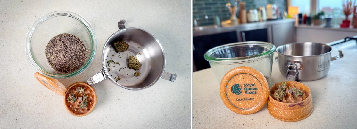 Αλεσμένη κάνναβη και ανθοί σε grinder, γυάλινο βάζο και κατσαρολάκι πριν την αποκαρβοξυλίωση.