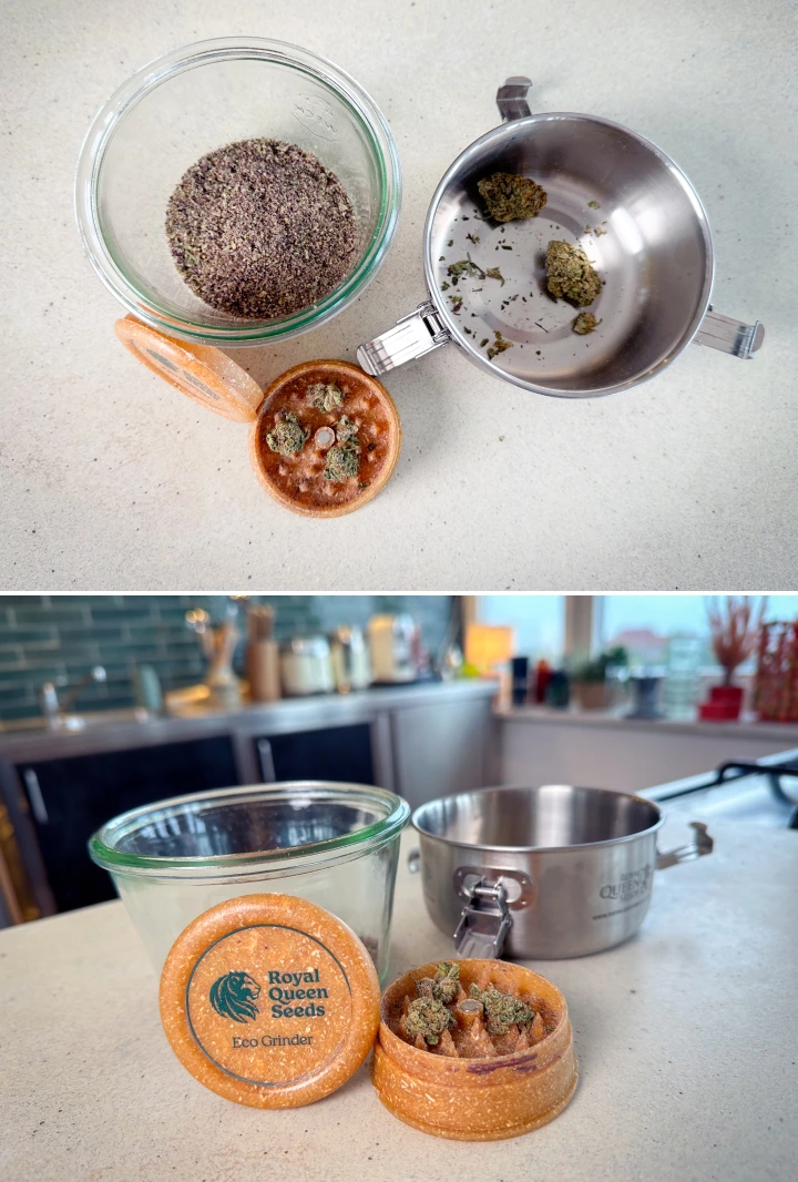 Αλεσμένη κάνναβη και ανθοί σε grinder, γυάλινο βάζο και κατσαρολάκι πριν την αποκαρβοξυλίωση.