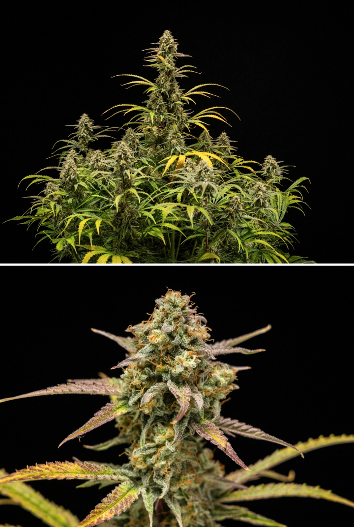 Grow report Hyperion F1: αποτελέσματα συγκομιδής Φυτά κάνναβης Hyperion F1 στη συγκομιδή, με ώριμες ρητινώδεις colas, παγωμένη κάλυψη τριχωμάτων, πορτοκαλί ύπερους, κίτρινα και μωβ φύλλα που ξεθωριάζουν και πυκνή ανθισμένη ανάπτυξη σε μαύρο φόντο.