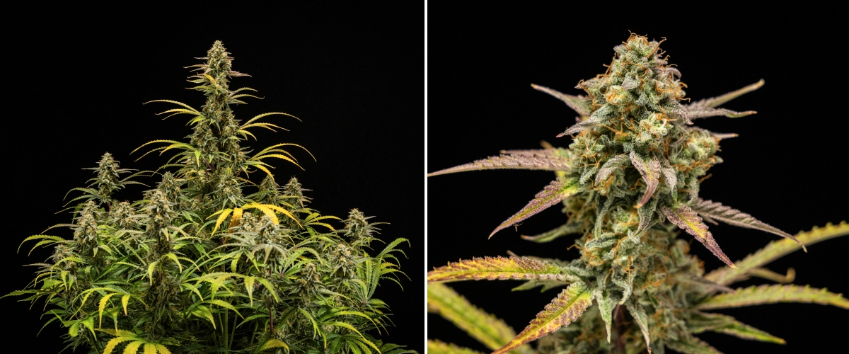 Grow report Hyperion F1: αποτελέσματα συγκομιδής Φυτά κάνναβης Hyperion F1 στη συγκομιδή, με ώριμες ρητινώδεις colas, παγωμένη κάλυψη τριχωμάτων, πορτοκαλί ύπερους, κίτρινα και μωβ φύλλα που ξεθωριάζουν και πυκνή ανθισμένη ανάπτυξη σε μαύρο φόντο.