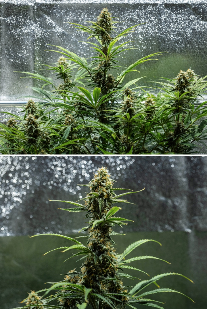 Grow report Hyperion F1: εβδομάδα 9, τελική ωρίμανση Φυτό κάνναβης Hyperion F1 κατά την 9η εβδομάδα του grow report, δείχνοντας ώριμες ανθισμένες colas, ρητινώδη άνθη, πορτοκαλί ύπερους, φύλλα που ξεθωριάζουν και τελική ωρίμανση μέσα σε τέντα καλλιέργειας.