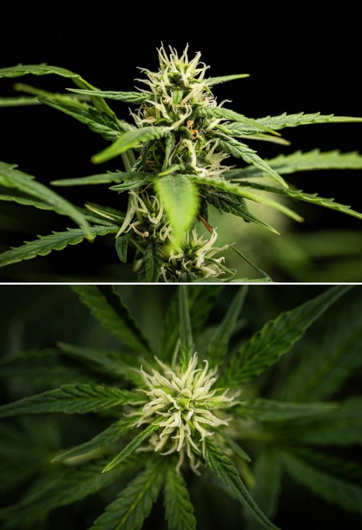 Φυτό κάνναβης NYC Sour Diesel Auto στην 6η εβδομάδα ανθοφορίας, με ύψος περίπου 122 cm, πιο αργή κάθετη ανάπτυξη, πιο συμπαγή άνθη, πρώιμη ανάπτυξη ρητίνης και πυκνό σχηματισμό λουλουδιών κάτω από φως LED