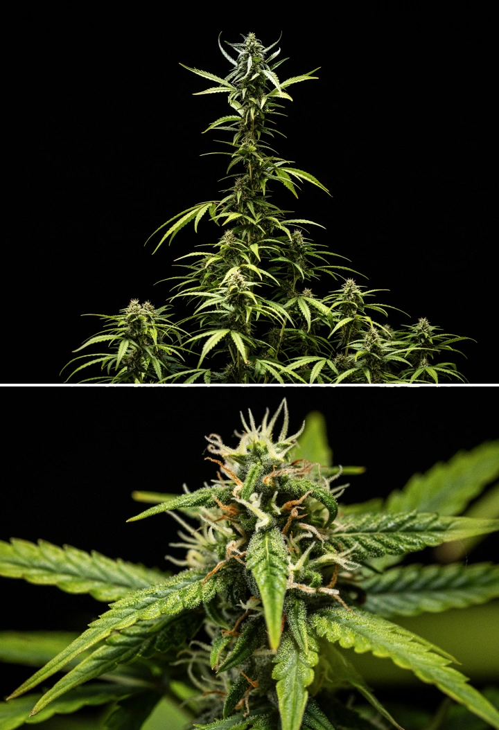 Φυτό κάνναβης NYC Sour Diesel Auto στην 7η εβδομάδα ανθοφορίας με πυκνά, κολλώδη άνθη, αυξημένη παραγωγή ρητίνης, κύρια cola κοντά στο φως, ελαφρύ ξεθώριασμα των φύλλων και στηριγμένα λυγισμένα κλαδιά