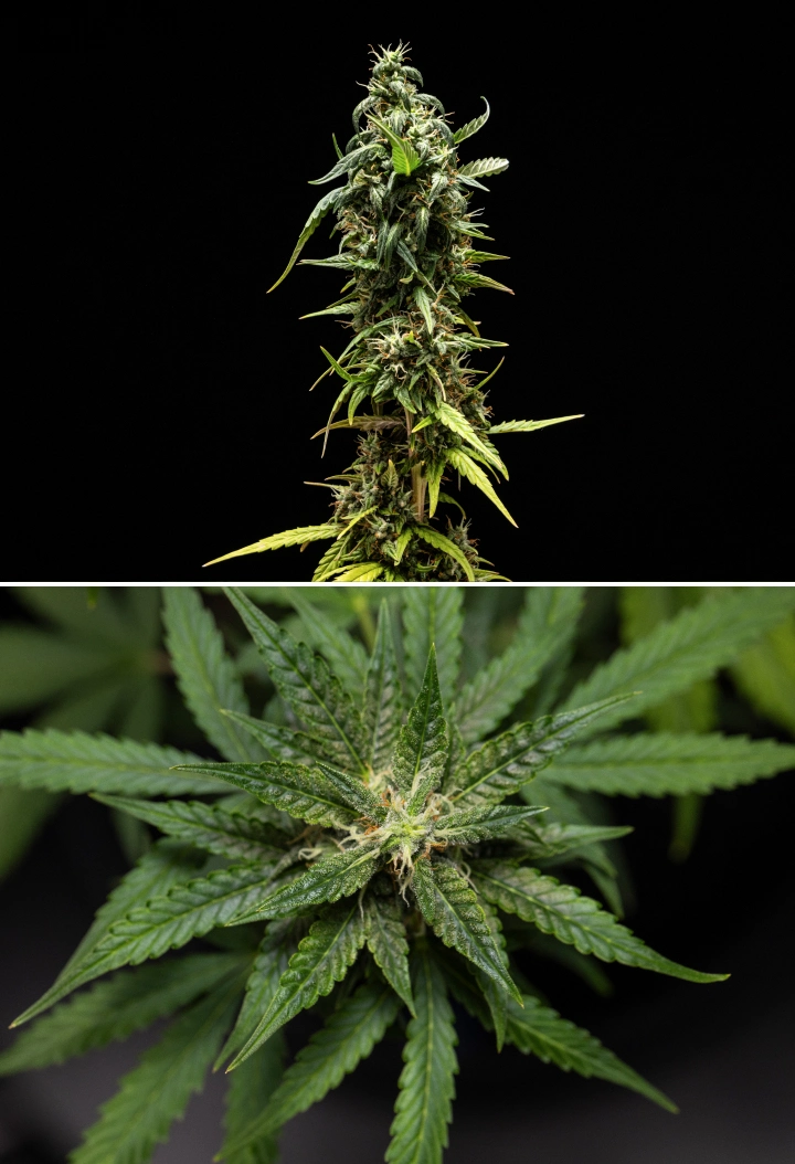 Φυτό κάνναβης NYC Sour Diesel Auto στην 8η εβδομάδα ανθοφορίας με γαλακτώδη τριχώματα, συμπαγή αρωματικά άνθη, έντονη παραγωγή ρητίνης και μια ελαφρώς λιγότερο ώριμη κορυφαία cola κοντά στη συγκομιδή