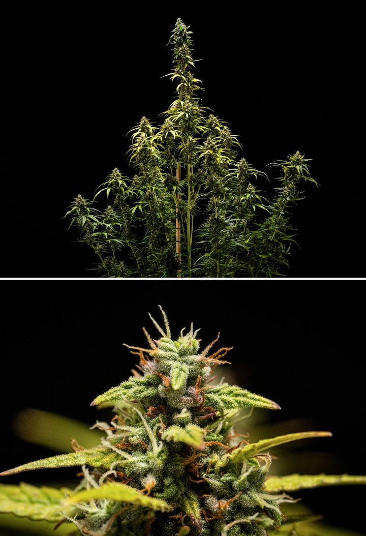 Φυτό κάνναβης NYC Sour Diesel Auto στην 9η εβδομάδα ανθοφορίας κατά τη συγκομιδή, με κυρίως γαλακτώδη τριχώματα, πυκνά άνθη, ψηλή δομή και ελαφρύ στρες από το φως στην κορυφαία cola