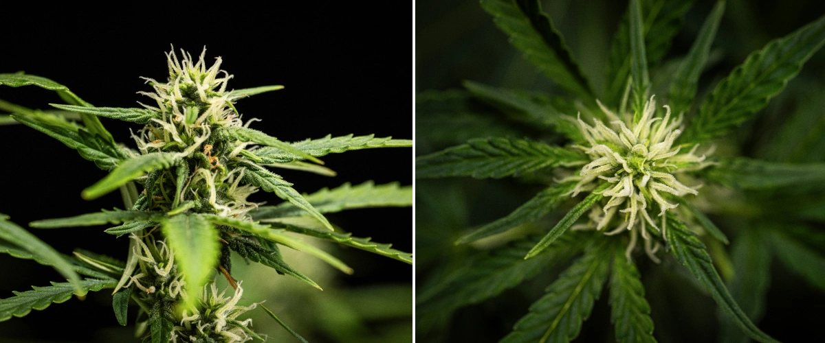 Φυτό κάνναβης NYC Sour Diesel Auto στην 6η εβδομάδα ανθοφορίας, με ύψος περίπου 122 cm, πιο αργή κάθετη ανάπτυξη, πιο συμπαγή άνθη, πρώιμη ανάπτυξη ρητίνης και πυκνό σχηματισμό λουλουδιών κάτω από φως LED