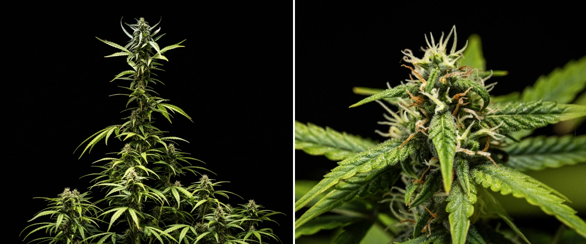 Φυτό κάνναβης NYC Sour Diesel Auto στην 7η εβδομάδα ανθοφορίας με πυκνά, κολλώδη άνθη, αυξημένη παραγωγή ρητίνης, κύρια cola κοντά στο φως, ελαφρύ ξεθώριασμα των φύλλων και στηριγμένα λυγισμένα κλαδιά