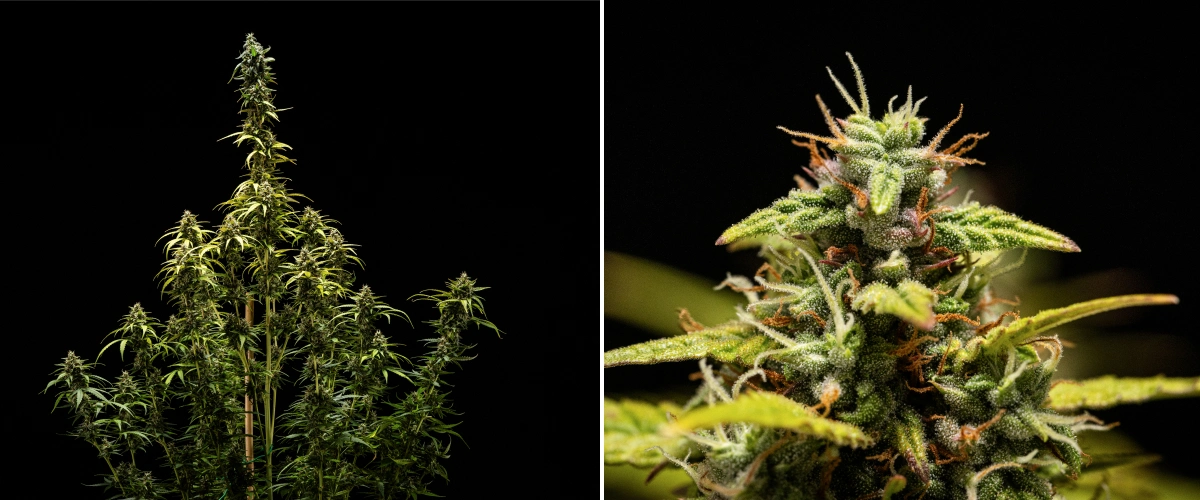 Φυτό κάνναβης NYC Sour Diesel Auto στην 9η εβδομάδα ανθοφορίας κατά τη συγκομιδή, με κυρίως γαλακτώδη τριχώματα, πυκνά άνθη, ψηλή δομή και ελαφρύ στρες από το φως στην κορυφαία cola