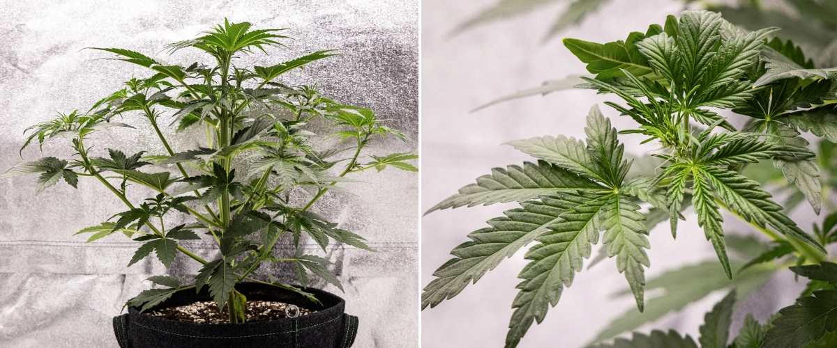 Grow report Royal Creamatic: εβδομάδα 4, πρώιμη ανθοφορία Φυτό κάνναβης Royal Creamatic την 4η εβδομάδα, με πρώιμη ανθοφορία, υγιές πράσινο φύλλωμα, φρέσκους ύπερους και δυνατή ανάπτυξη κλαδιών.