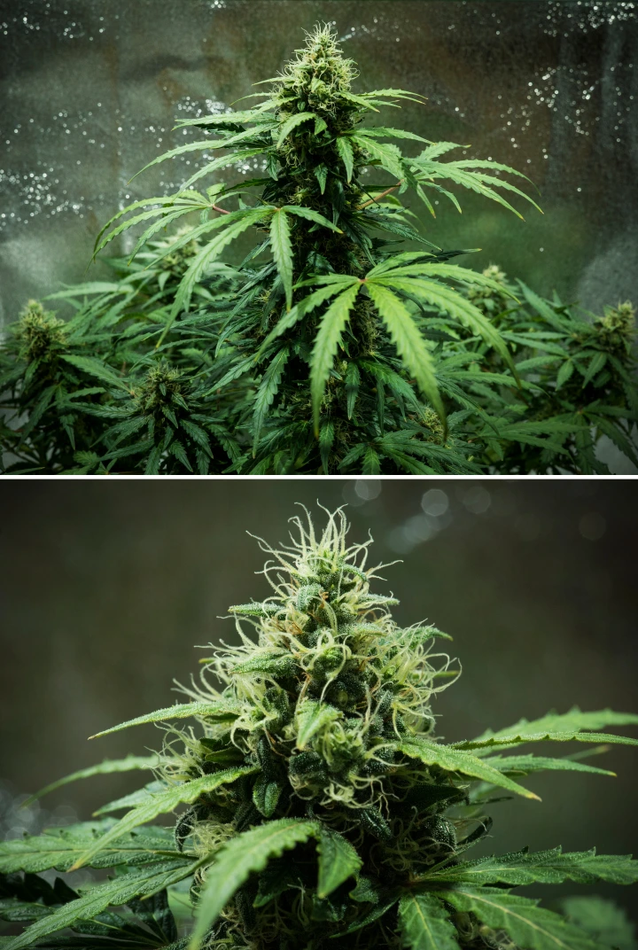 Grow report Royal Dwarf: εβδομάδα 7, πυκνά άνθη Φυτό κάνναβης Royal Dwarf την 7η εβδομάδα, με πυκνά κολλώδη άνθη, λευκούς ύπερους, ρητινώδη άνθη και υγιές πράσινο φύλλωμα.