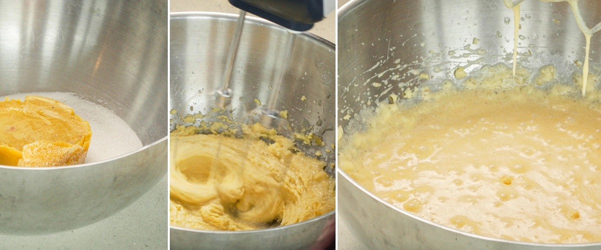 Ανάμειξη σοκολατένιου χυλού με βούτυρο, ζάχαρη, αυγά, κακάο σε σκόνη και γάλα, δεύτερο βήμα για να ψήσετε ένα cannabis space cake