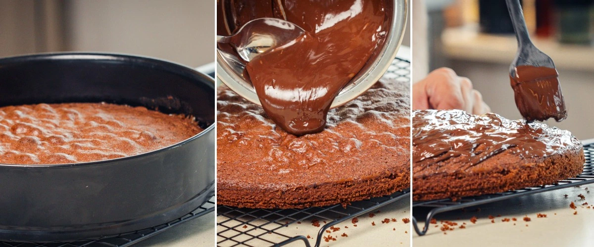 Ρίξιμο λιωμένης μαύρης σοκολάτας πάνω σε κρύο space cake και άπλωμα ομοιόμορφα, τέταρτο βήμα για να το ολοκληρώσετε